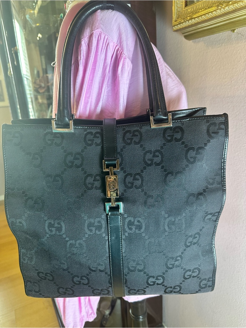 Pre loved Gucci Jackie Black GG Canvas Top-Handle Tote with Silver Tone Hardware